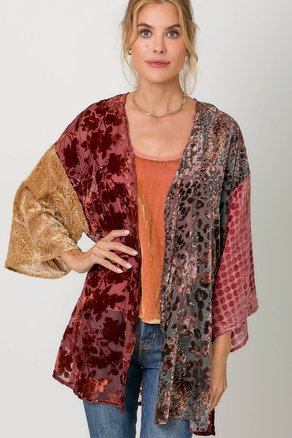 Victoria Effortless Mixed Print Burn-Out Kimono