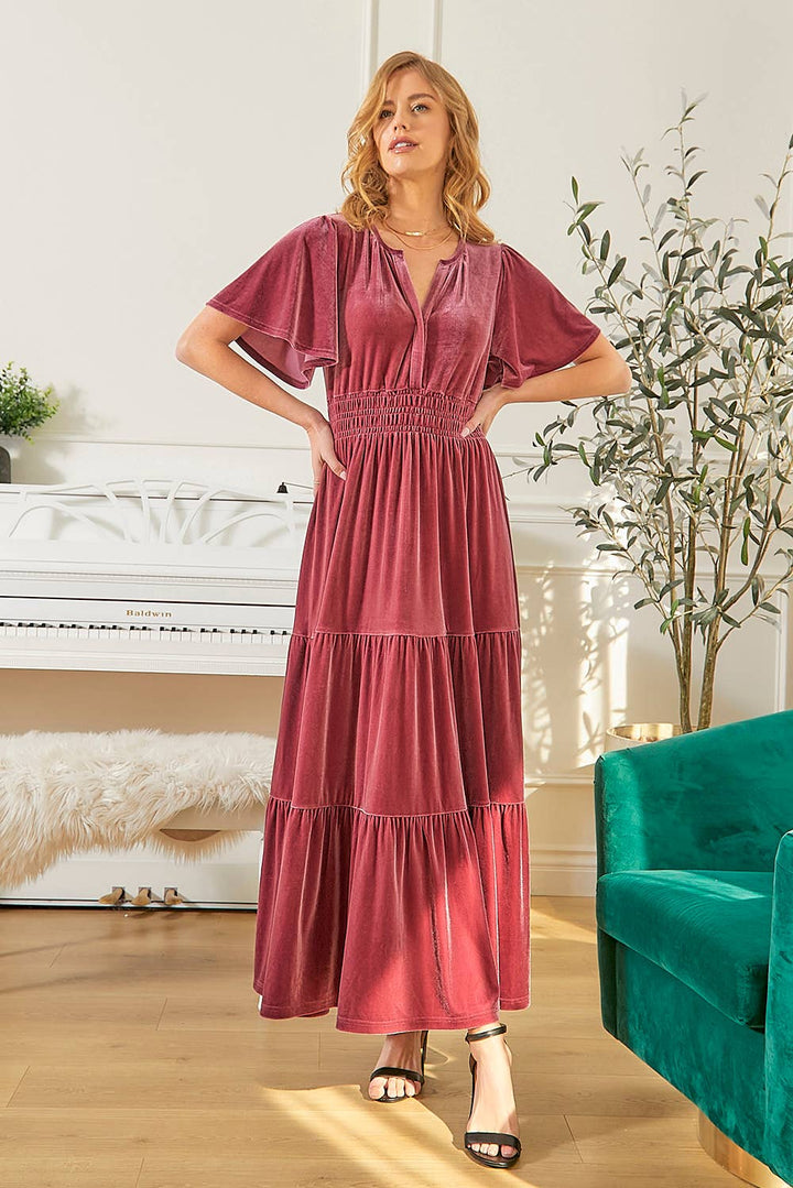 The Victoria Ruffled Velvet Maxi Dress in Raspberry