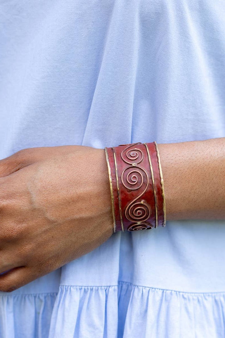 Brass Patina Cuff Bracelet - Red Swirls