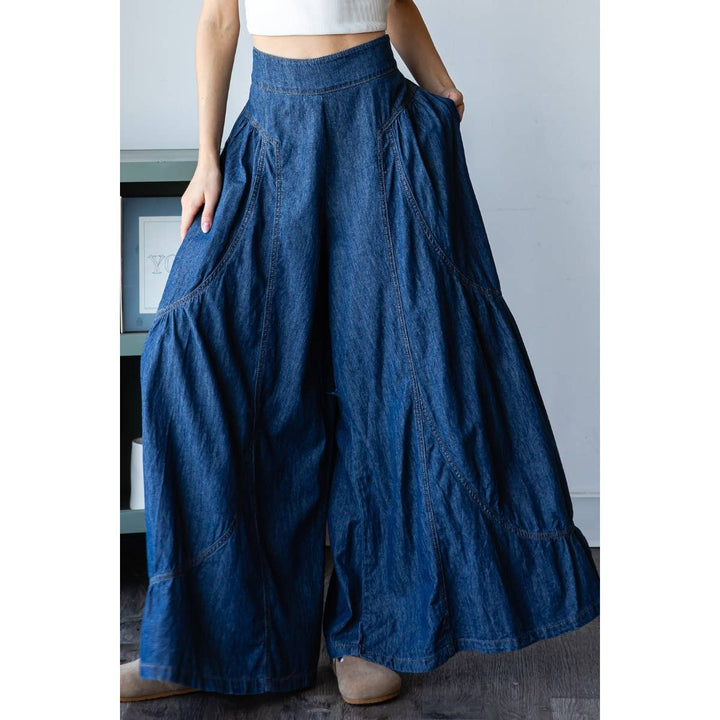 Denim Smocked Back Wide Leg Pant