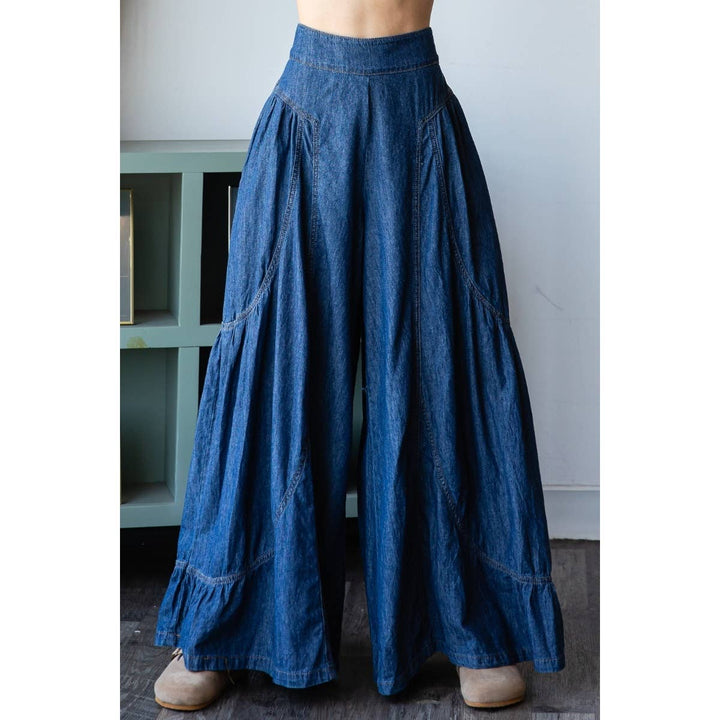 Denim Smocked Back Wide Leg Pant