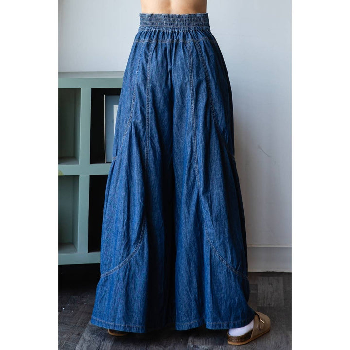 Denim Smocked Back Wide Leg Pant