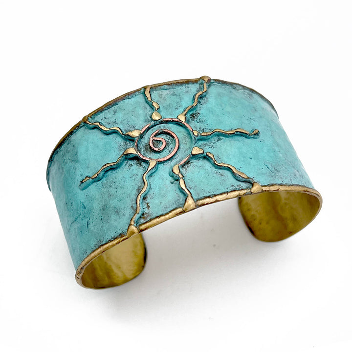 Brass Patina Cuff Bracelet - Light Blue Sun