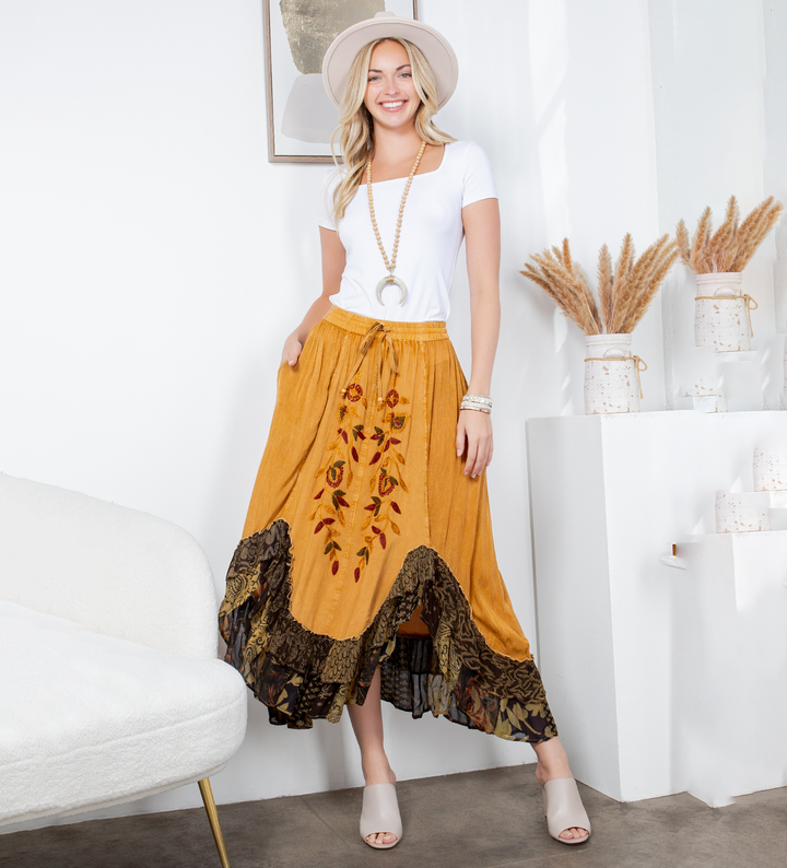 Sale - Rustic Bohemian: Asymmetrical Embroidered Midi Skirt