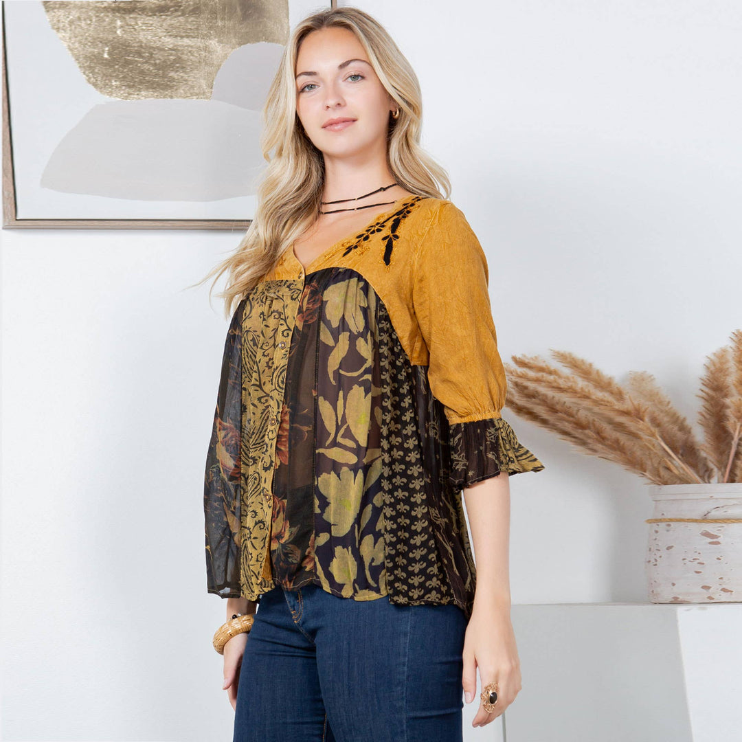 Boho Delight Overdyed Rayon V-Neck Top