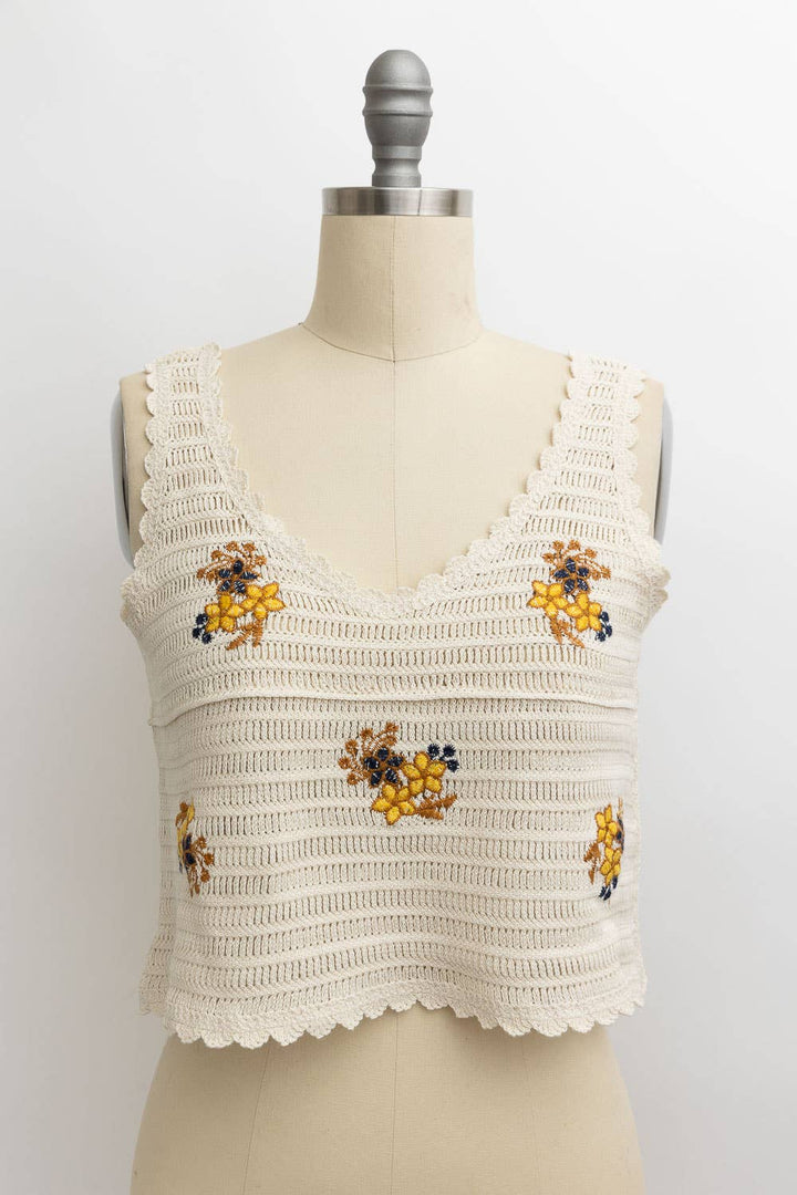 Serene Blooms Crochet Style Top: Natural