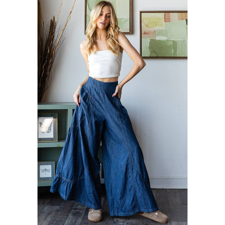 Denim Smocked Back Wide Leg Pant