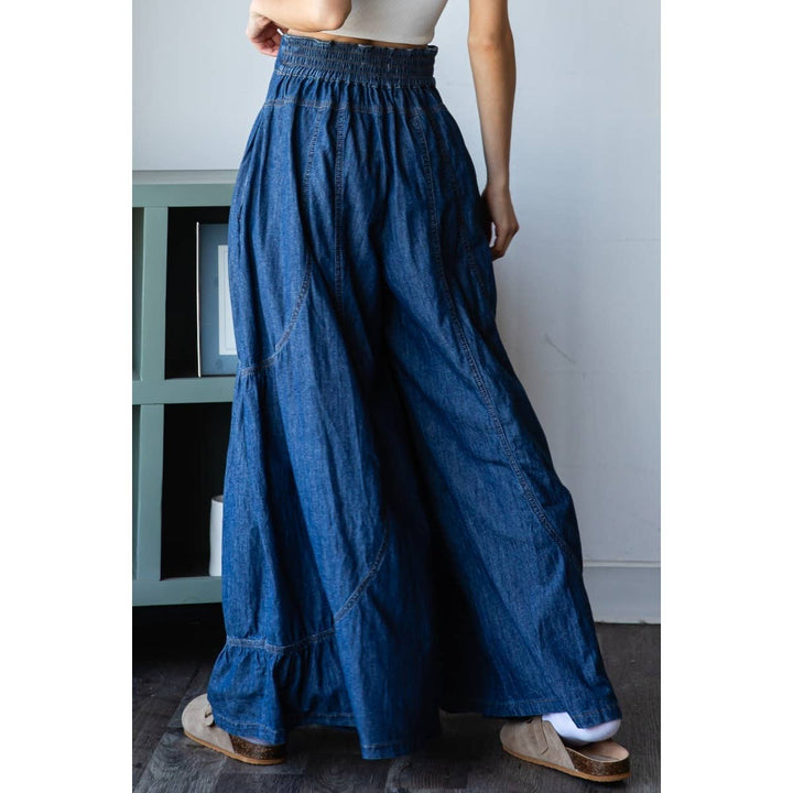 Denim Smocked Back Wide Leg Pant