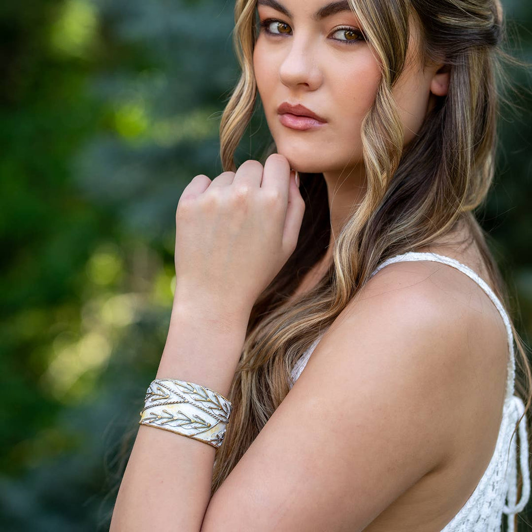 Brass Patina Cuff Bracelet - White Leaves