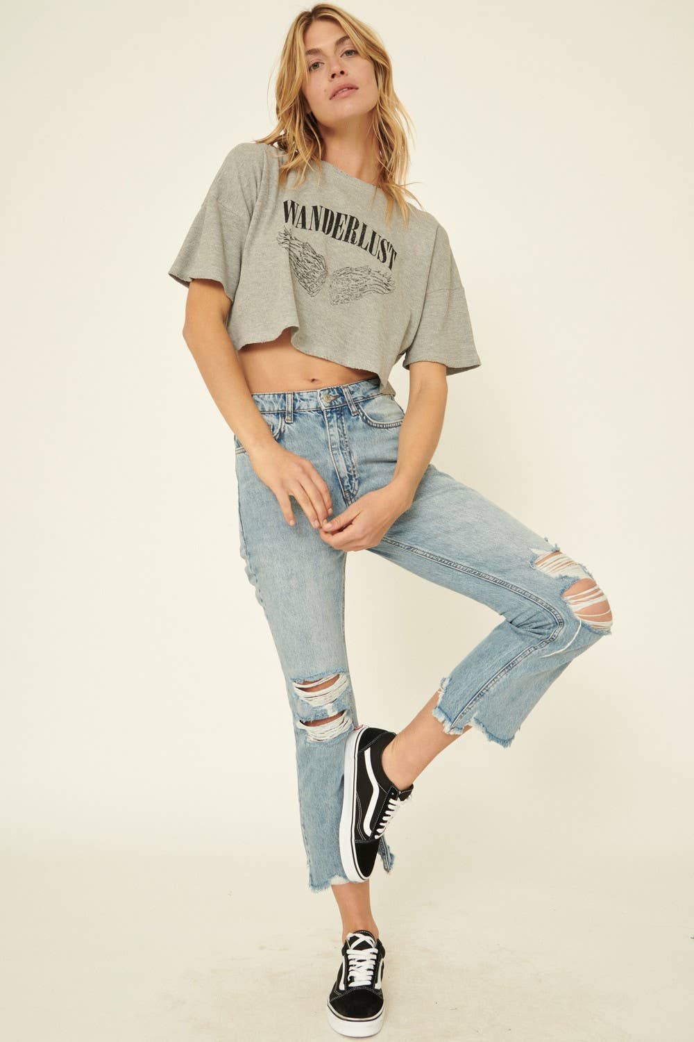 Sale Wanderlust Angel Distressed Cropped Graphic Tee