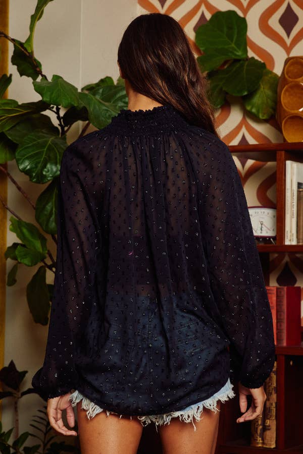 Sale - Smoked Stand Collar Glitter Semi-Sheer Blouse in Brown