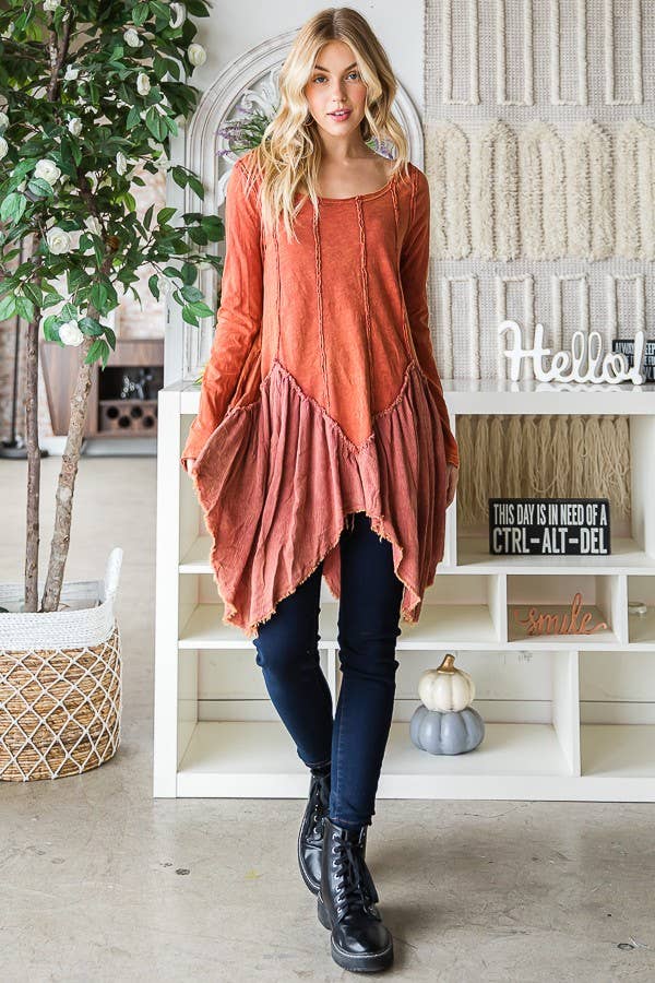 The Vixen Washed Mixed Fabric Uneven Hem Tunic Top in Rust