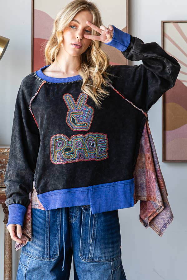 Peace Out Mineral Wash Grunge Boho Top/Sweater