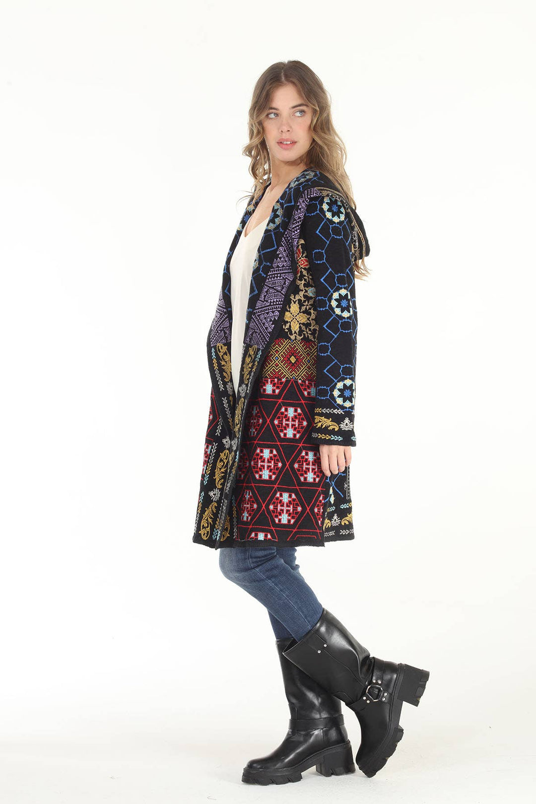 Destiny  Double Face Embroidered Hooded Cardigan: