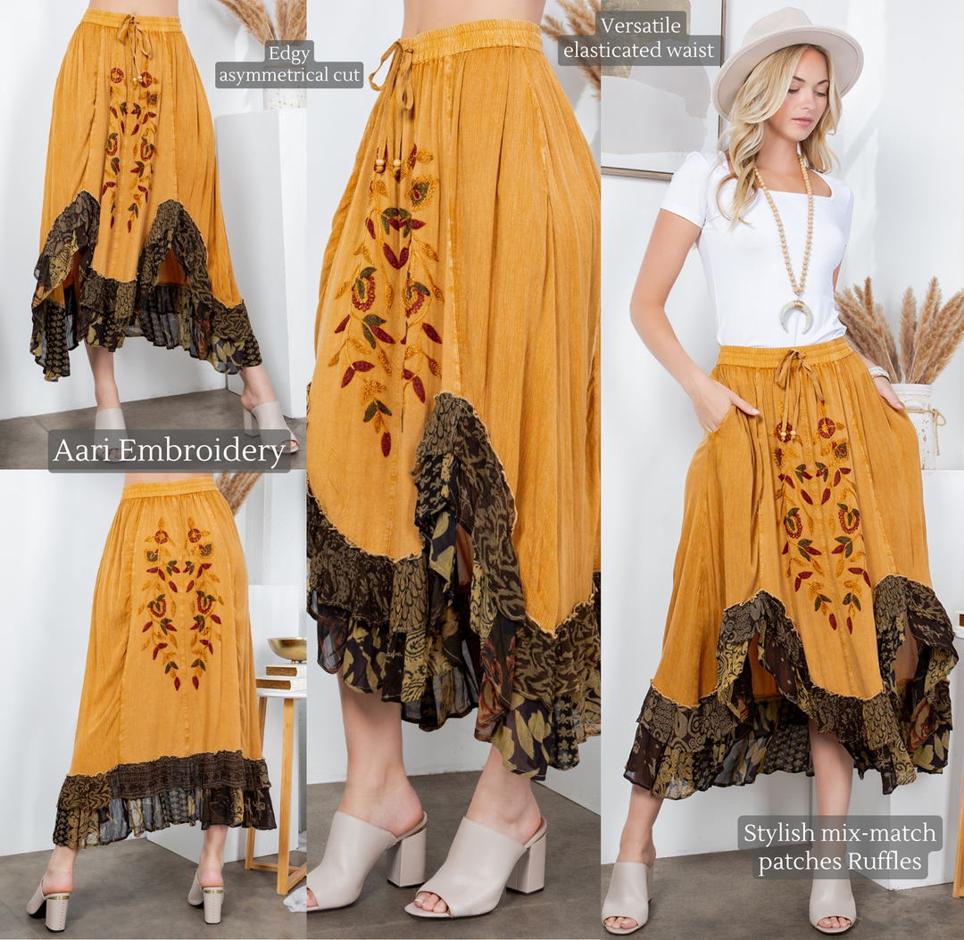 Sale - Rustic Bohemian: Asymmetrical Embroidered Midi Skirt