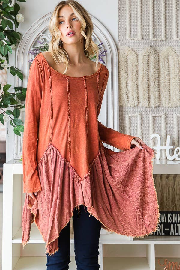 The Vixen Washed Mixed Fabric Uneven Hem Tunic Top in Rust