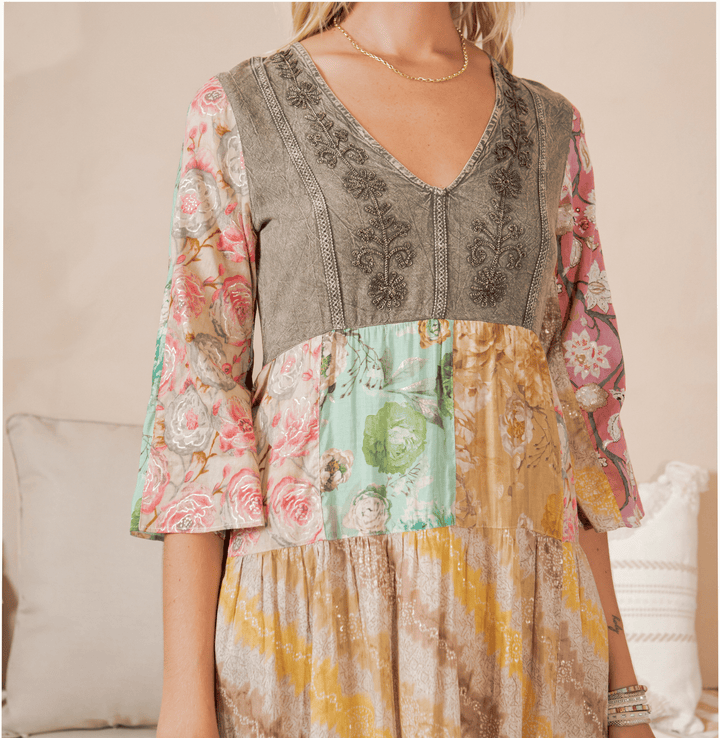 Rustic Bohemian : A-Line Patchwork Midi Dress