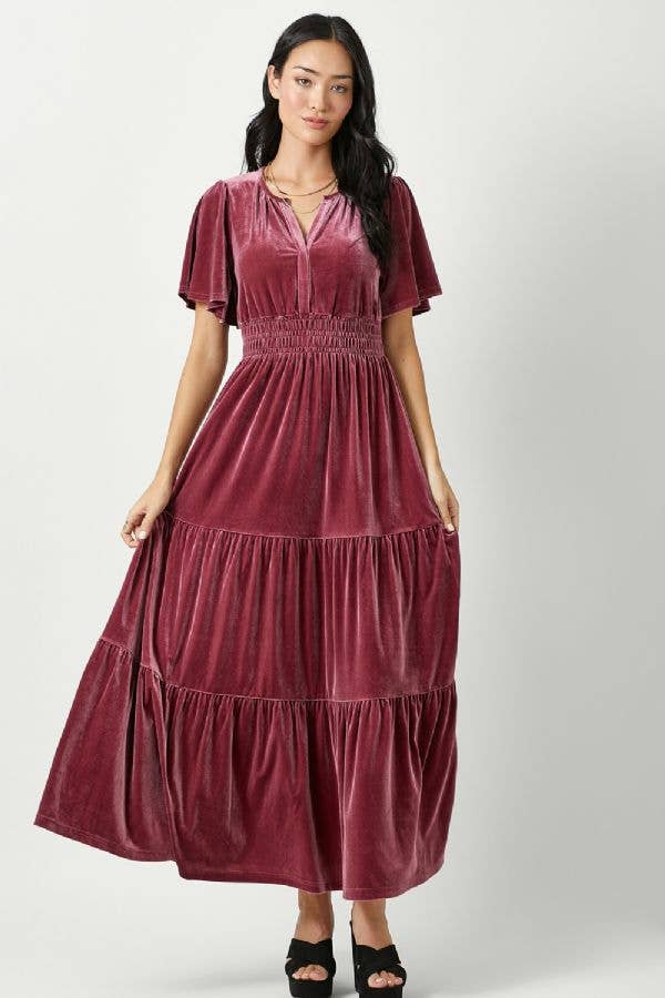 The Victoria Ruffled Velvet Maxi Dress in Raspberry