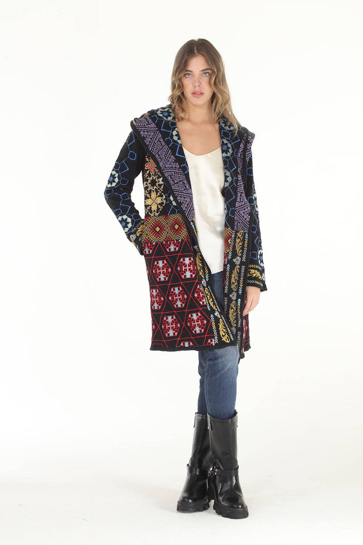 Destiny  Double Face Embroidered Hooded Cardigan: