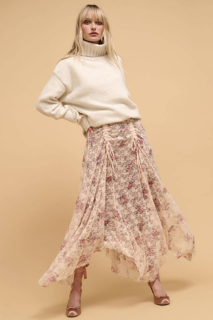 Rose Garden Floral Handkerchief-Hem Lace Maxi Skirt