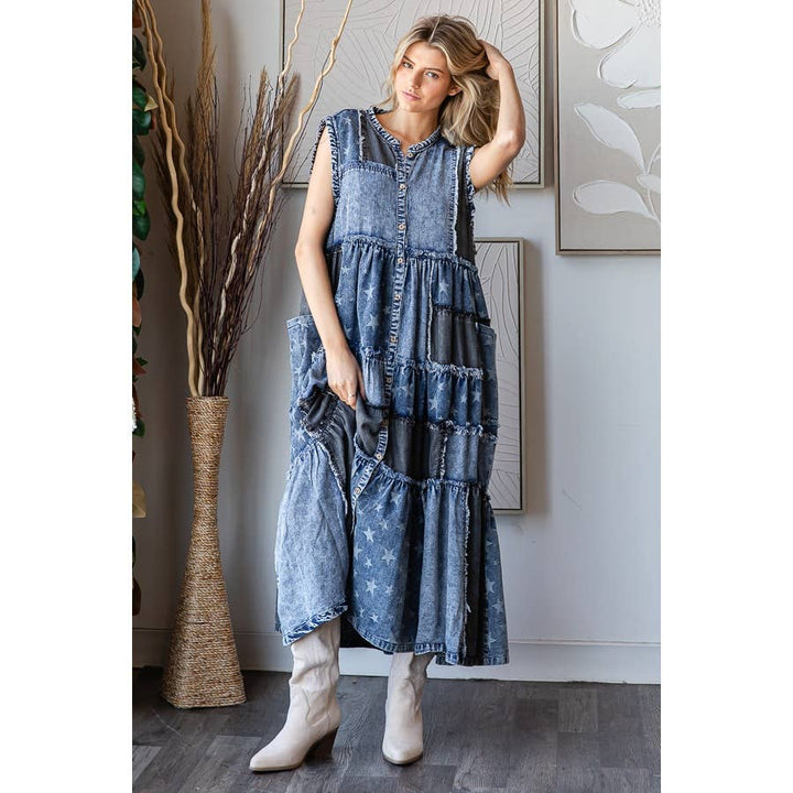 Take Me Away Flared Denim Button Down Vest Dress