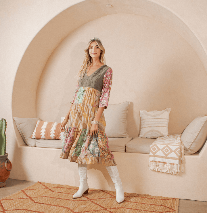 Rustic Bohemian : A-Line Patchwork Midi Dress