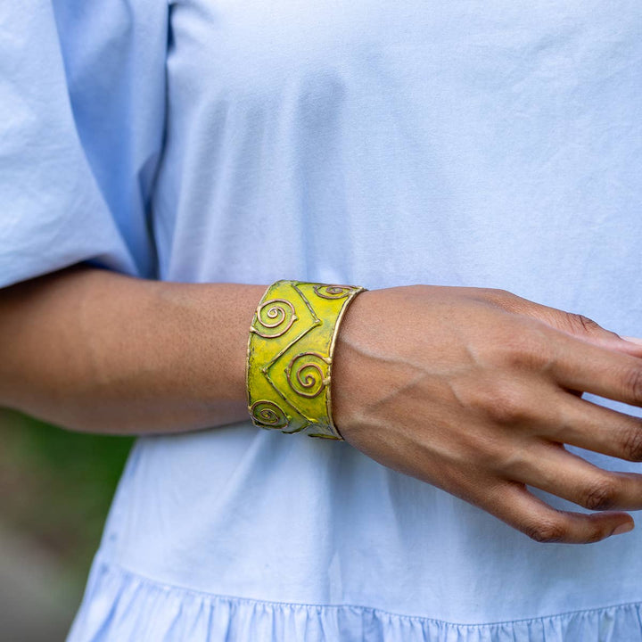 Brass Patina Cuff Bracelet - Lime Green Swirls