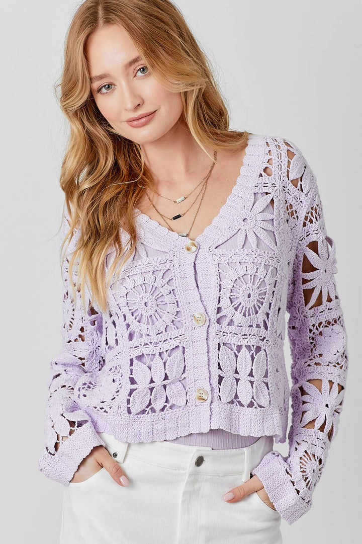 Sale - Lavender & Lace Crochet Button up Cropped Cardigan