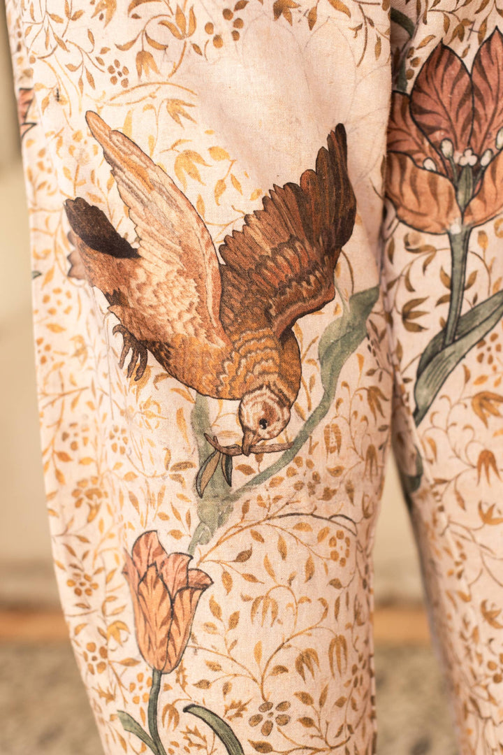 Folklore Boho Linen Floral & Bird Cropped Artist Pants