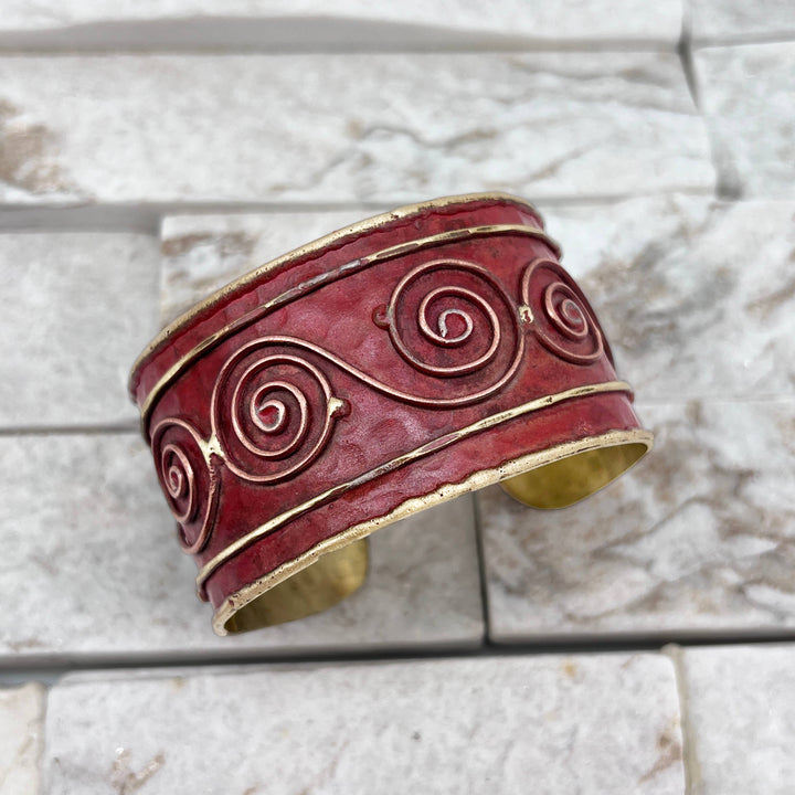 Brass Patina Cuff Bracelet - Red Swirls