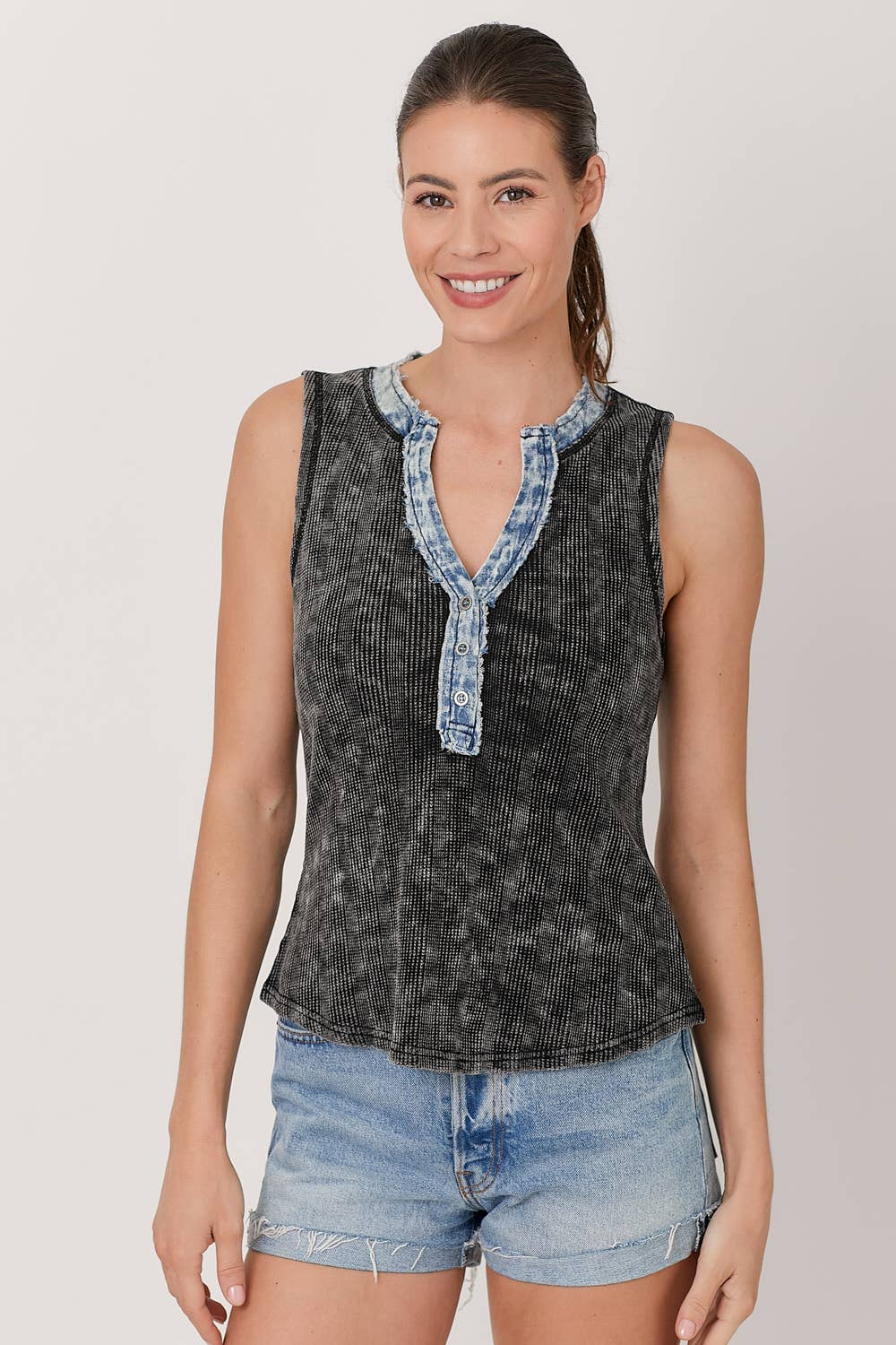 Jen Washed Button Down Henley Tank in Black