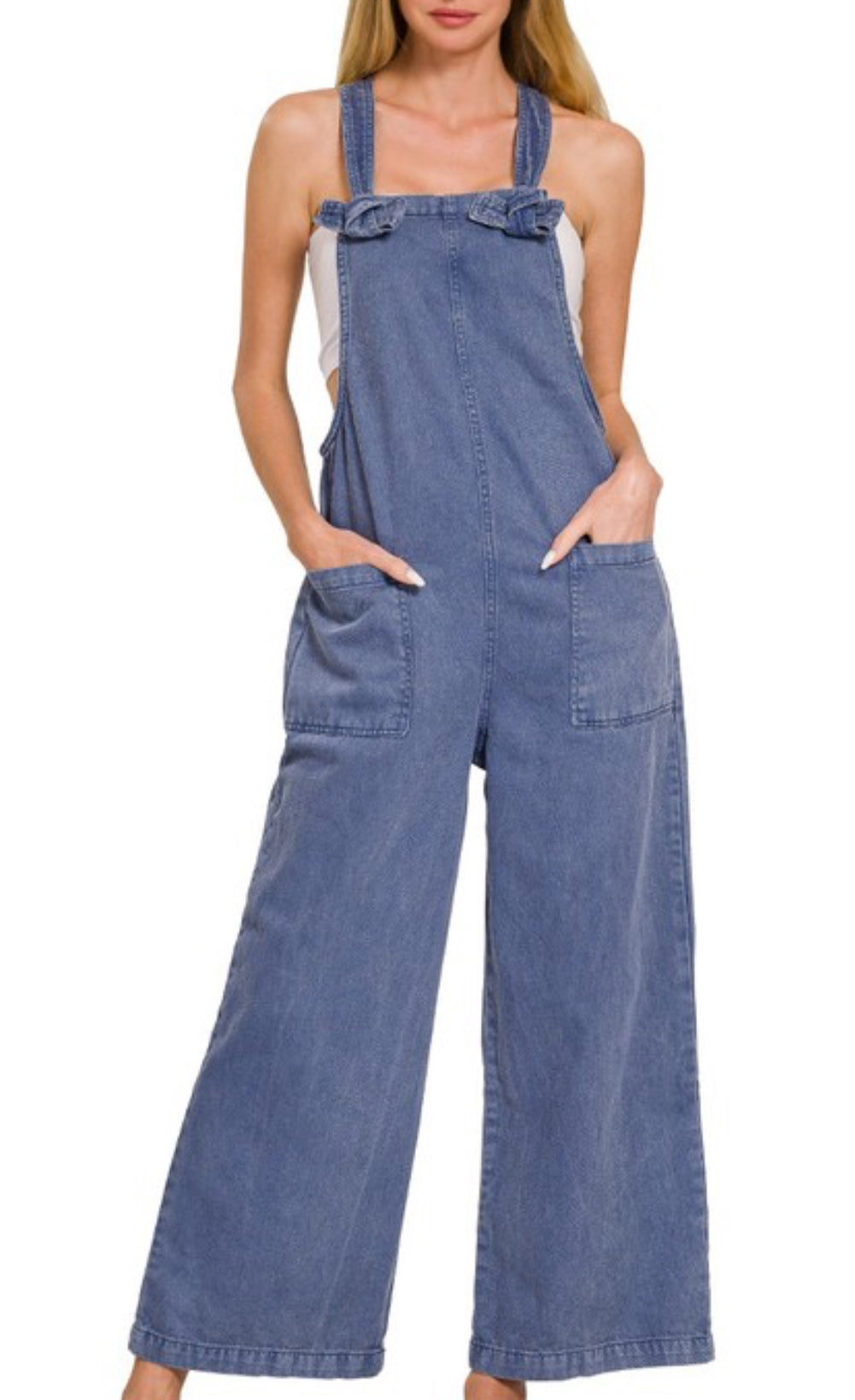 Washed Knot Strap Pockets Jumpsuit Overall