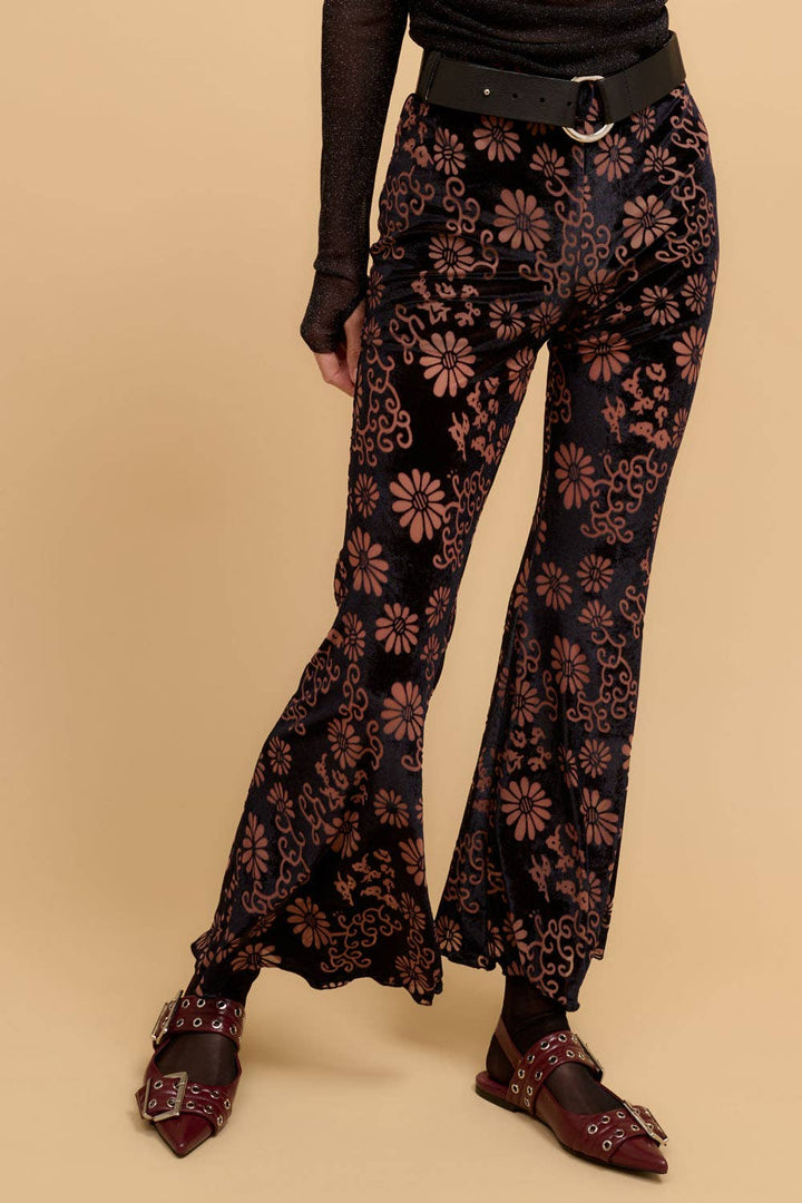 Annabel Floral Burnout-Velvet High-Waist Flared Pants