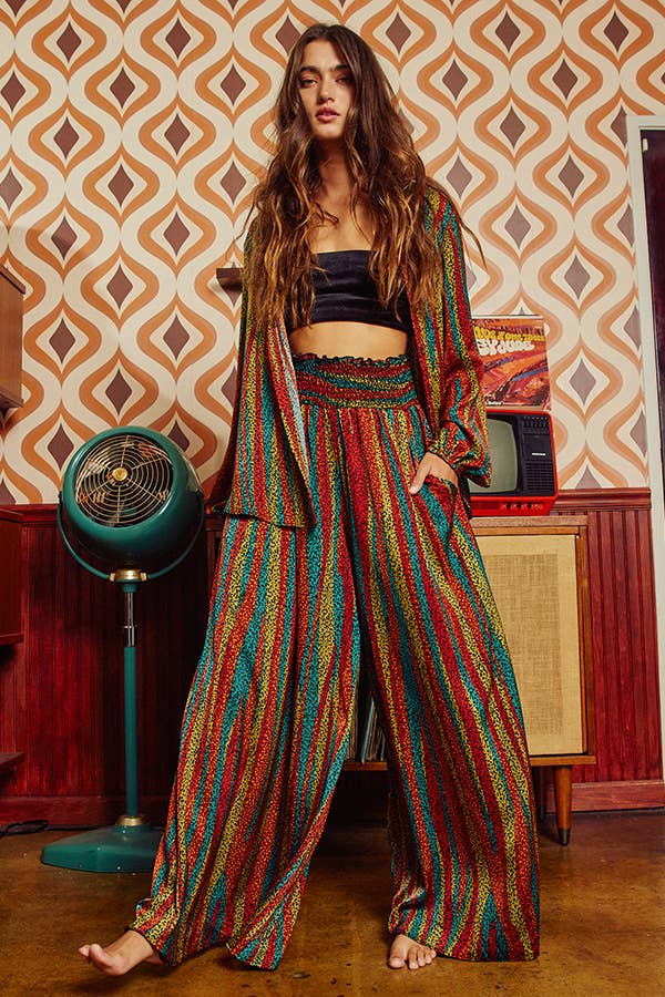 Sale - She's a Vibe Multi Color Smocked Waist Band Wide Leg Maxi Pants