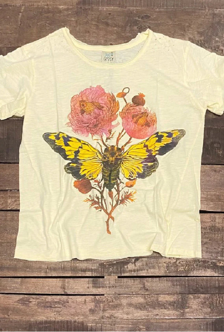 Moon Dance Distressed Cotton Tee Top in Butterfly Flutter By in Parchment