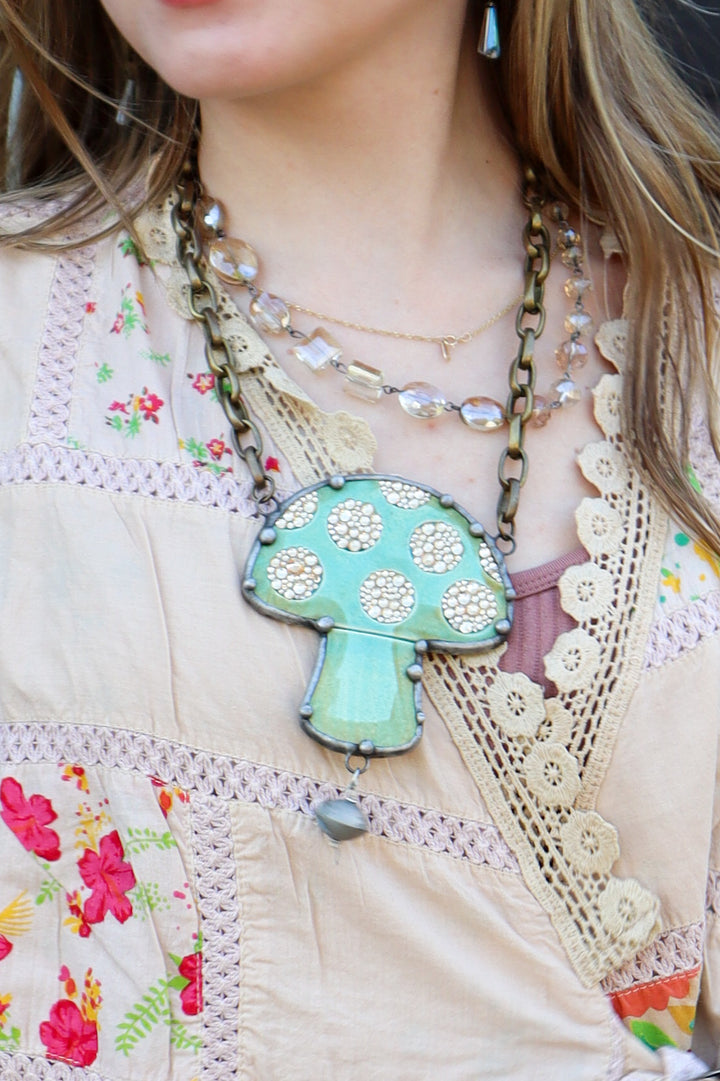 Mushroom Dreams Necklace On Vintage Brass Chain