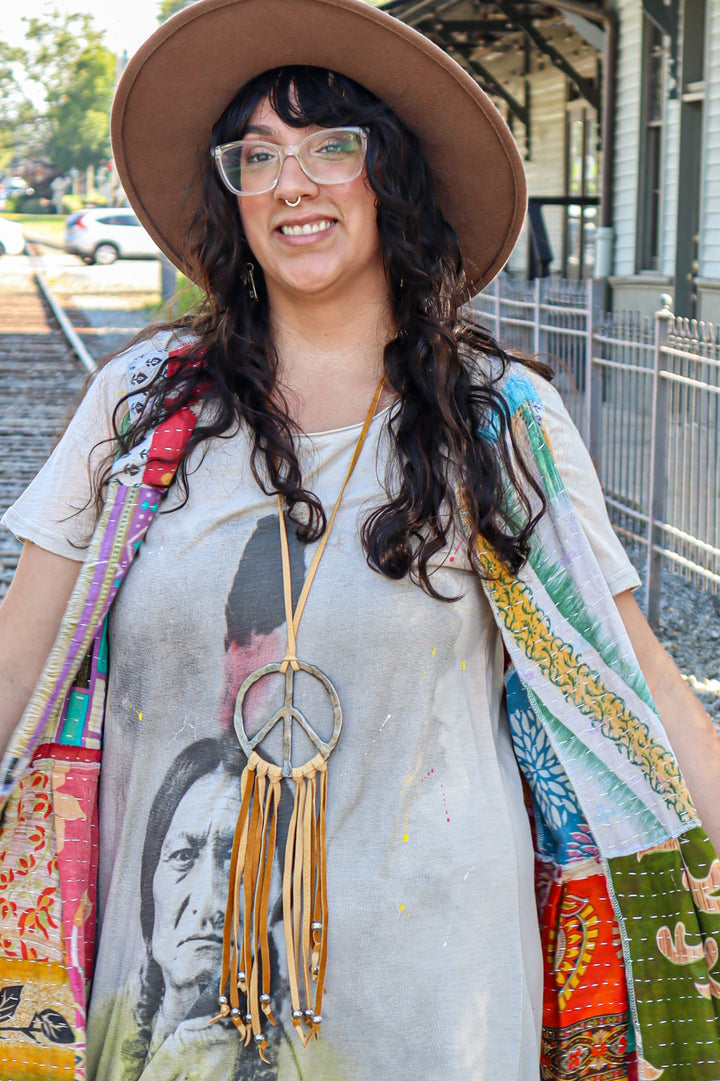 Peace & Love Metal Hammered Peace Sign Necklace on Deer Skin Leather