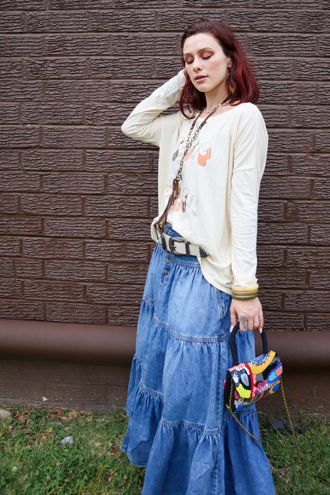 Shelby May 3 Button Tiered Denim Maxi Skirt