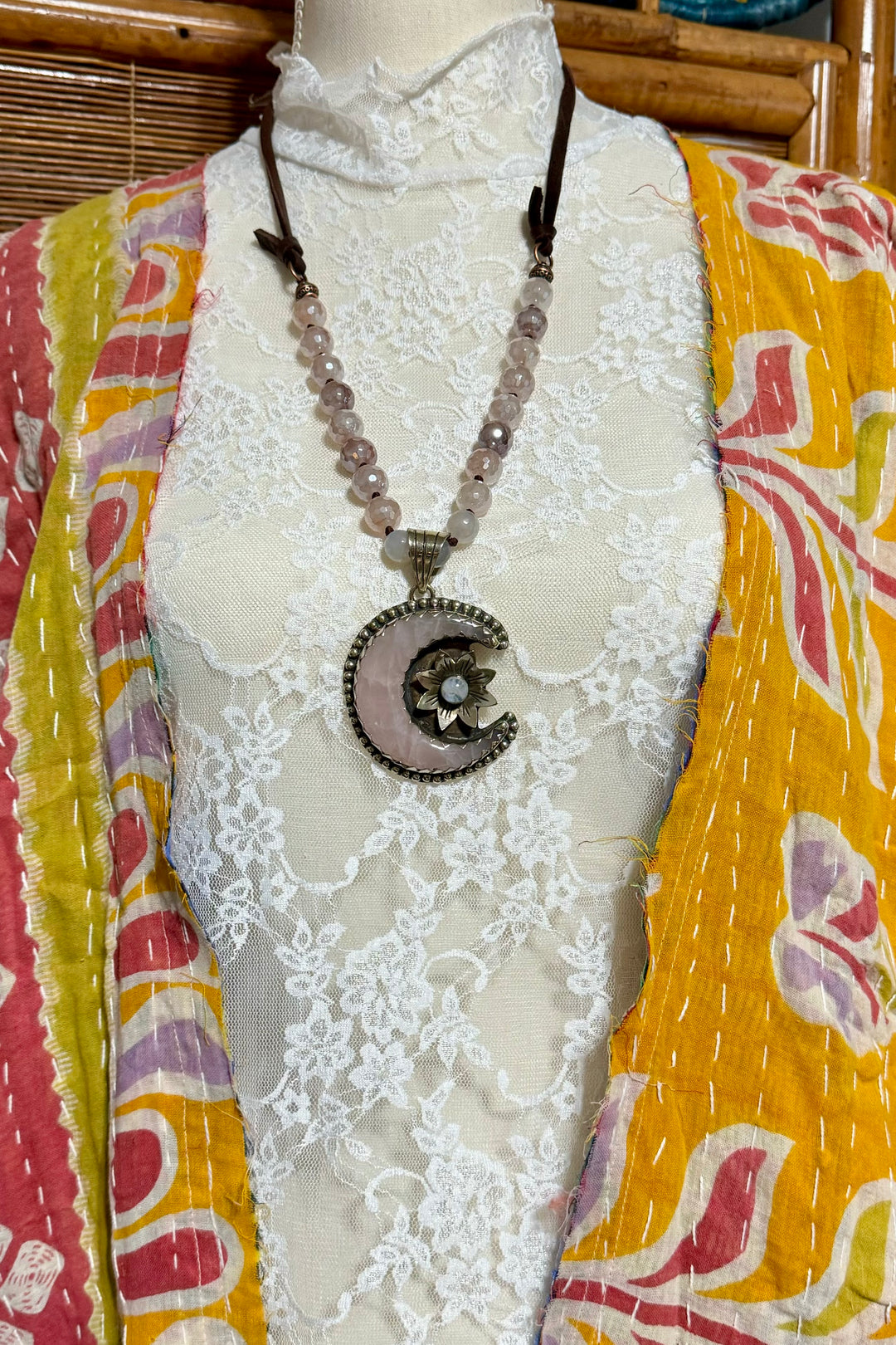 Rose Quartz & Opal Moon Carved Necklace