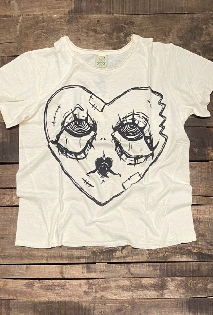 Moon Dance Distressed Cotton Tee Top in Broken Heart