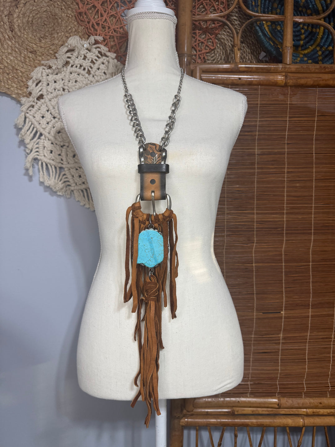 Turquoise & Tan Leather - Funky Hippie Buckle Necklace w/ Necklace