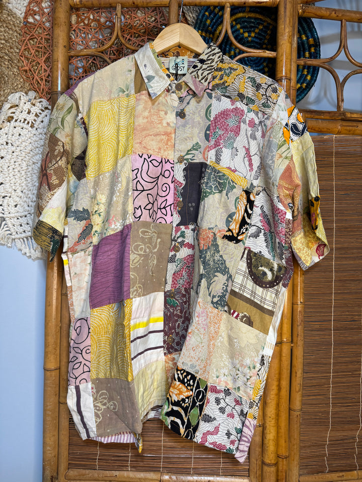 Combo  B  In My Dreams Patchwork Short Sleeve Button Shirt: One Size