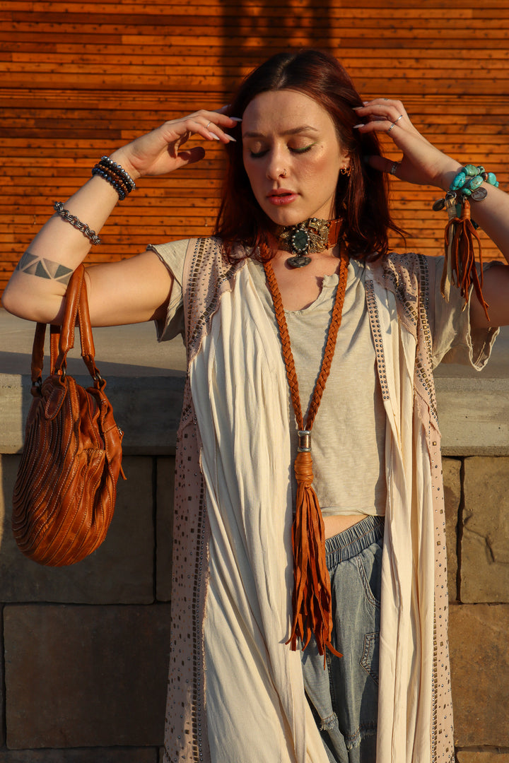 So Chic Boho Braided Leather Tassel Necklace