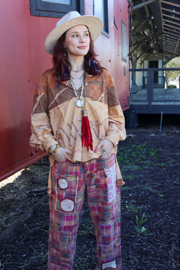 The Boho Patched Traveling on Pants in Red/Navy Plaid