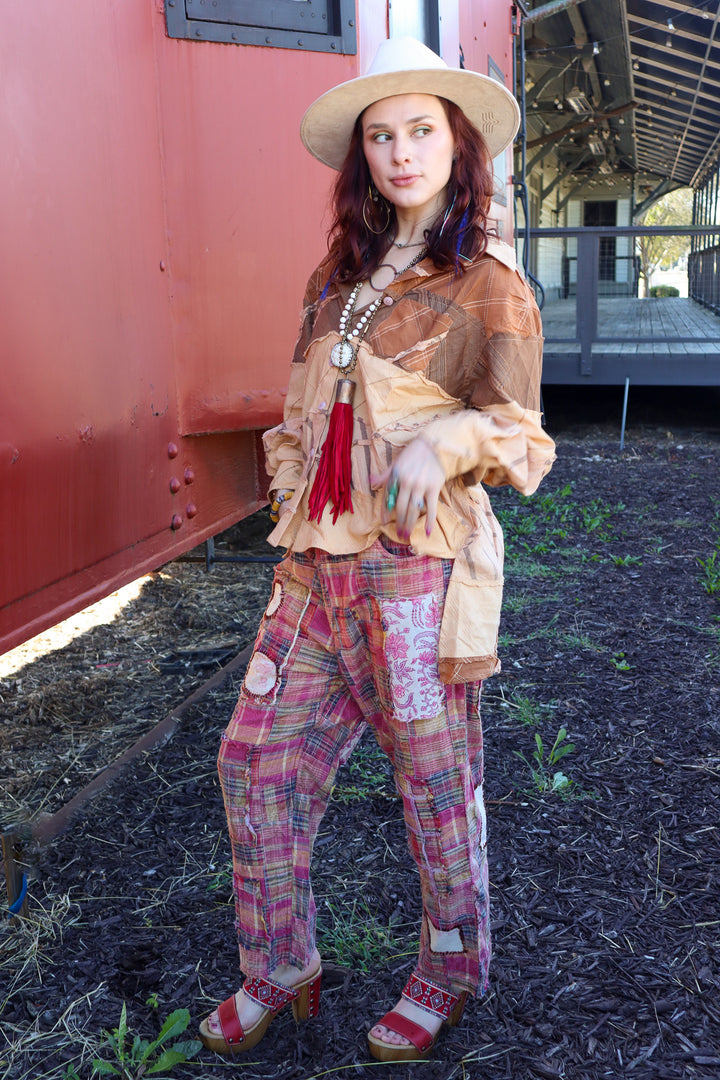 The Boho Patched Traveling on Pants in Red/Navy Plaid