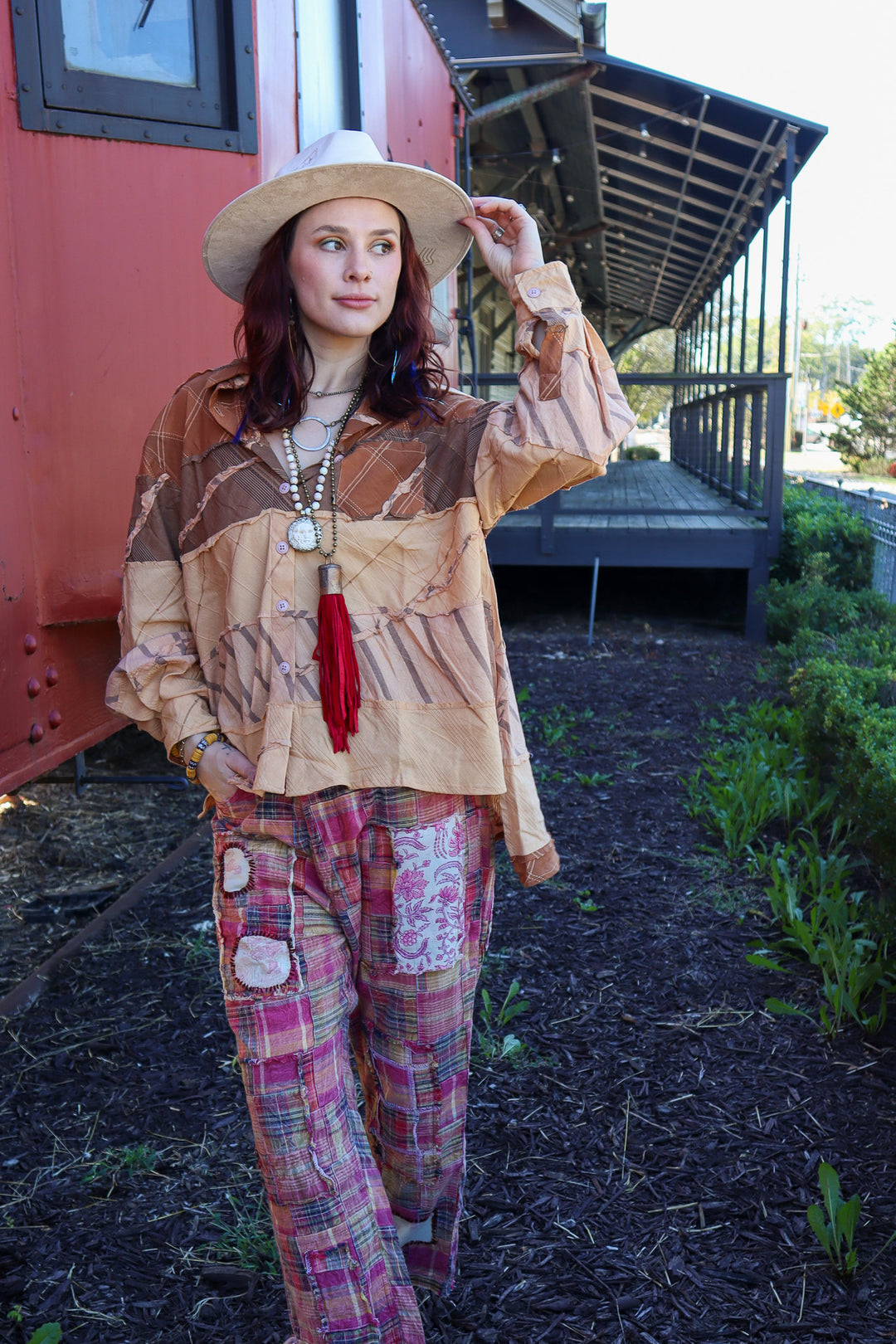 The Boho Patched Traveling on Pants in Red/Navy Plaid