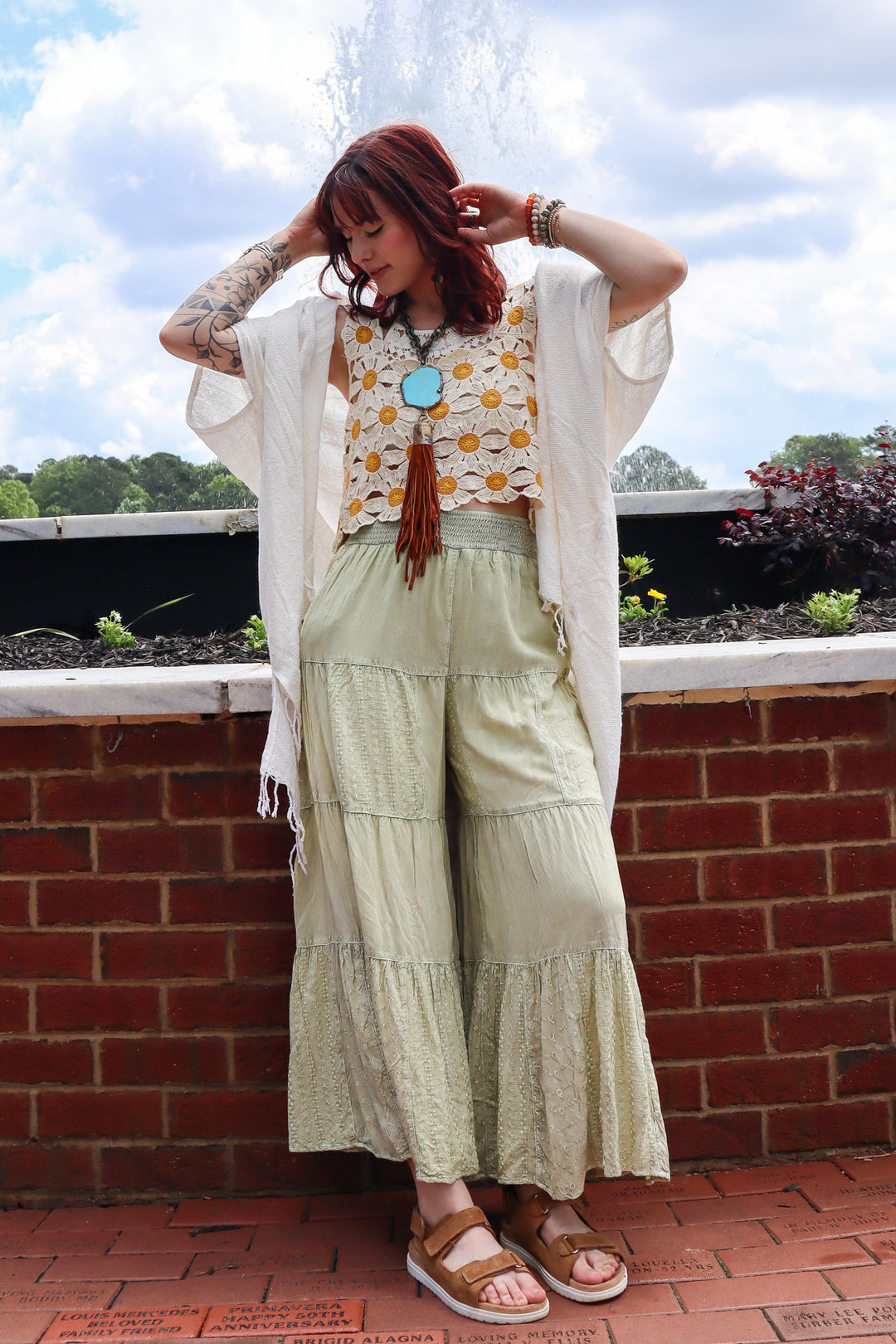 Shelby Embroidered Patchwork Tiered Flared Capri Pants With Smocked Waist