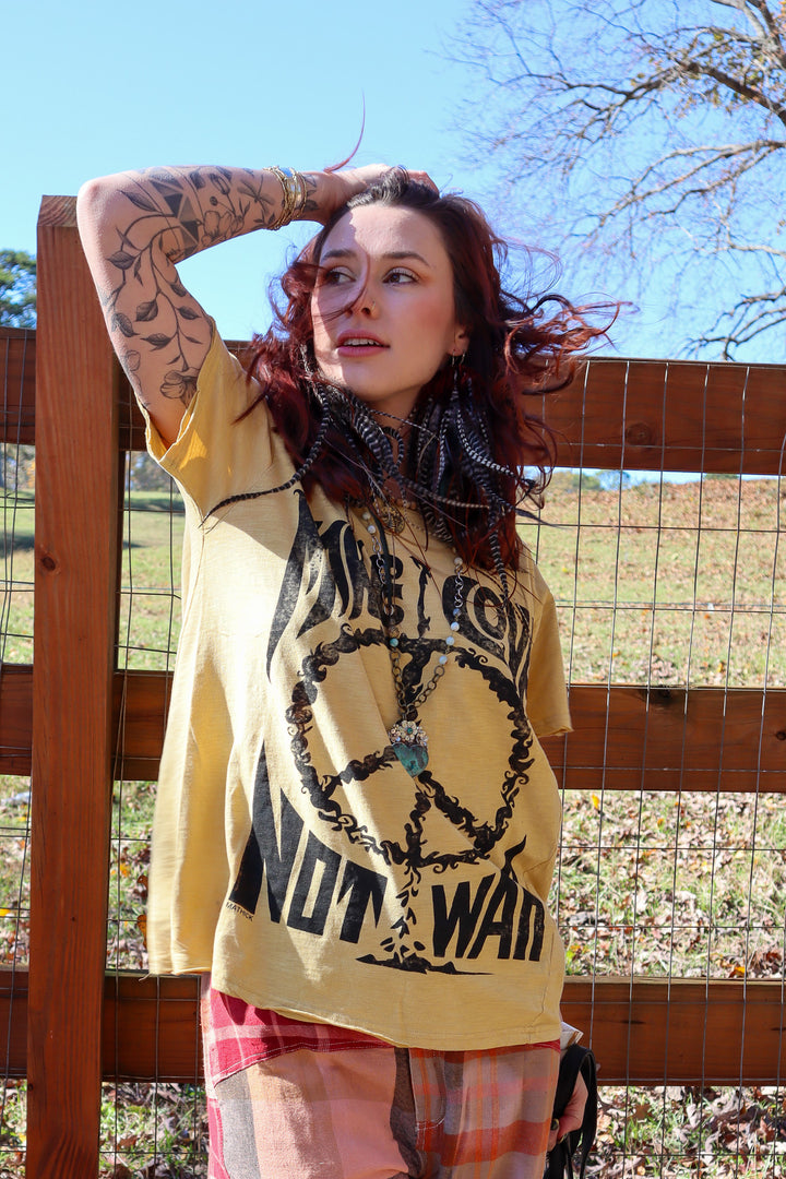 Moon Dance Distressed Make Love Not War Tee Top in Mustard Peace