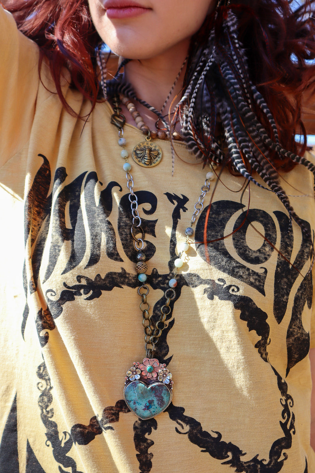 Moon Dance Distressed Make Love Not War Tee Top in Mustard Peace