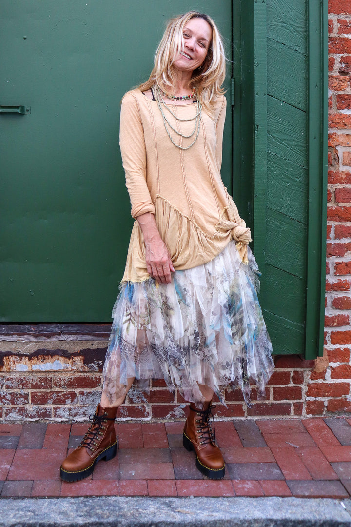 Sarah Elegant Mesh Gauze Layered Midi Skirt in Feather
